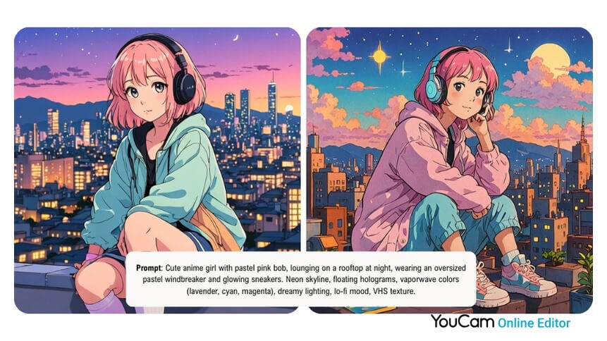 Cute Anime Girl mit rosa Hoodie auf Dach bei Nacht – lo-fi Szene mit Neonlichtern