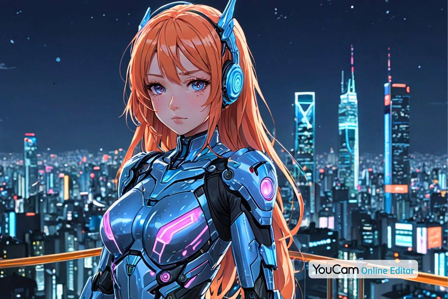 Cyborg-Mädchen in Neonkleidung steht auf einem Hochhaus