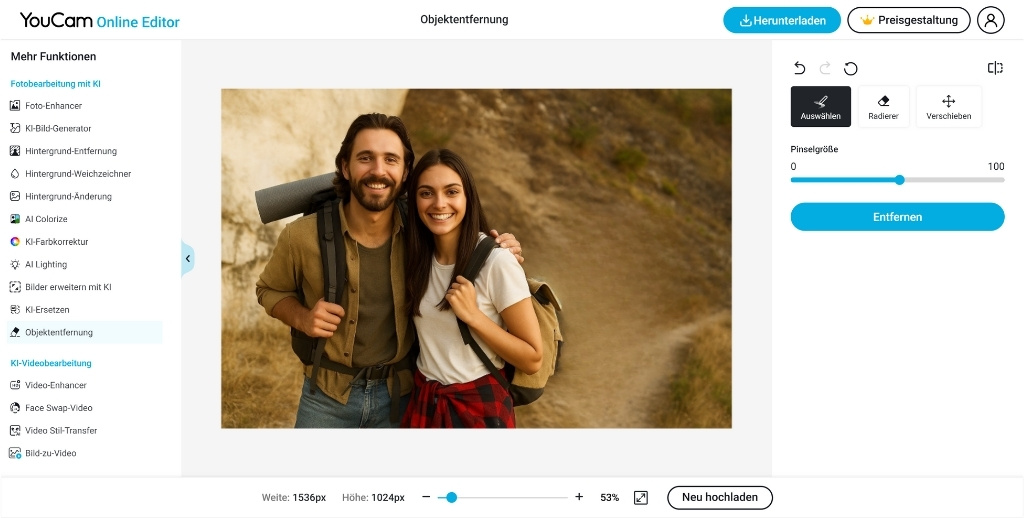 Bearbeitetes Bild im YouCam Editor nach der Entfernung von Personen im Hintergrund – Ergebnis mit klarem Fokus auf das Hauptmotiv.