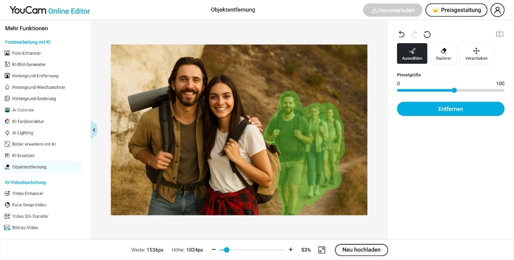 Screenshot des YouCam Online Editors beim Entfernen von Wanderern aus einem Naturfoto mithilfe des Pinselwerkzeugs.
