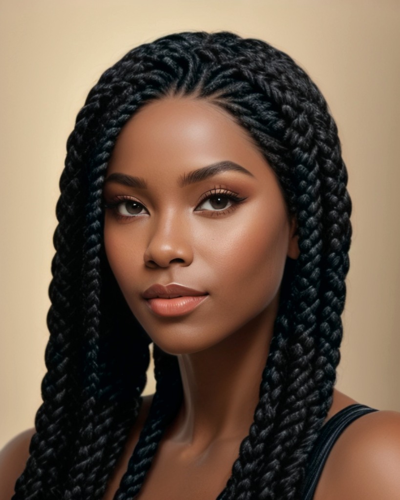 Frau mit langen, dicht geflochtenen Box Braids – stilvoller Look.