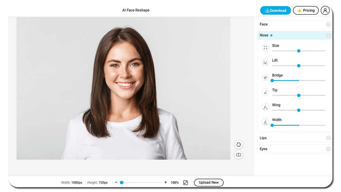 Mujer usando simulador de rinoplastia virtual gratis en YouCam Online