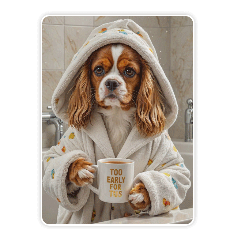 Hunde in Bademänteln mit Kaffeetasse im Badezimmer