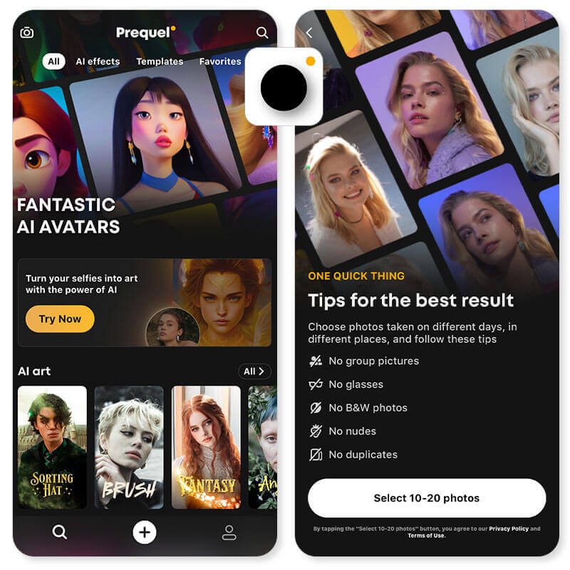 Interface do Prequel: aplicativo para criar avatar IA com foto e efeitos vintage