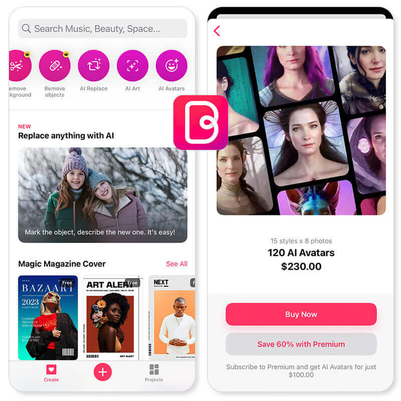 Interface do Bazaart: app para criar avatar IA a partir de foto