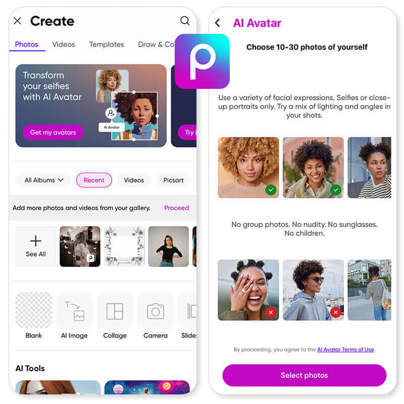 Interface do Picsart: aplicativo para criar avatar IA com foto e ferramentas de edição