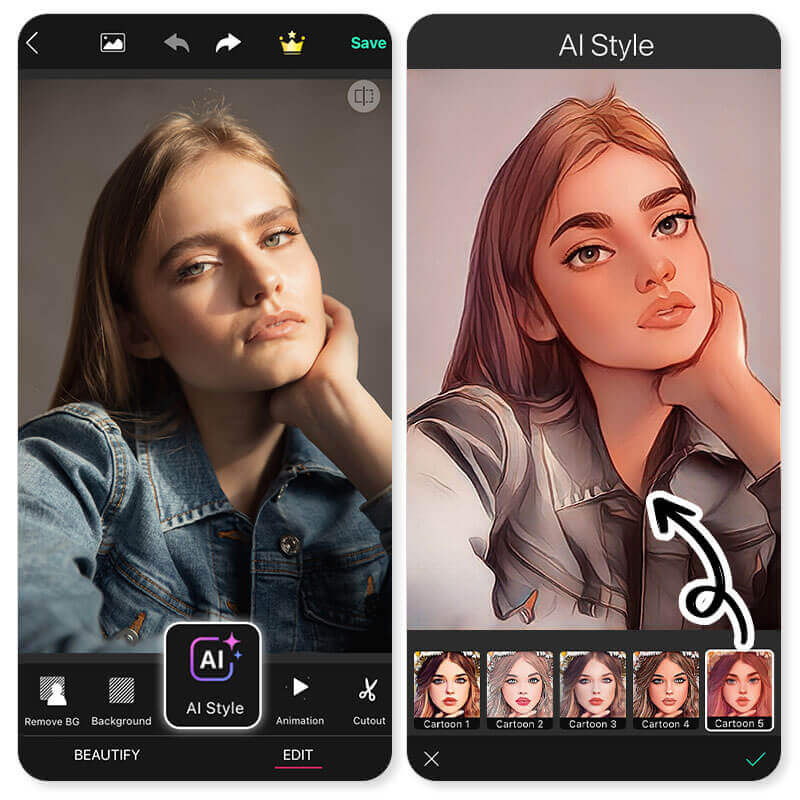 Antes e depois de criar avatar IA com foto usando YouCam Perfect