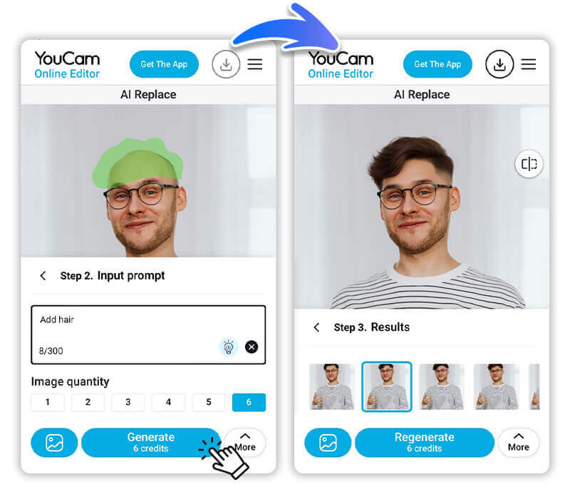 Exemplo de comando de texto 'colocar cabelo cacheado' na ferramenta IA para mudar penteado em foto.