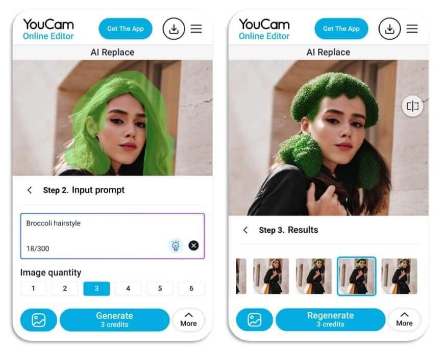Exemplo de IA adicionando um cabelo engraçado de brócolis em uma foto.