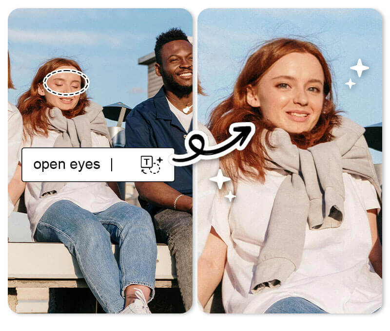 Tutorial mostrando como usar a ferramenta Substituição IA no YouCam Perfect para abrir olho em foto