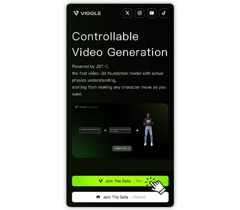 Página inicial do Viggle AI para transformar foto em vídeo dançando.