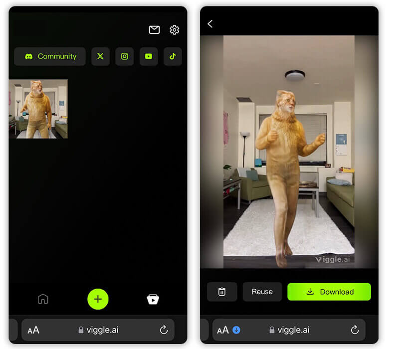 Opção de download do vídeo de dança IA criado com Viggle AI.