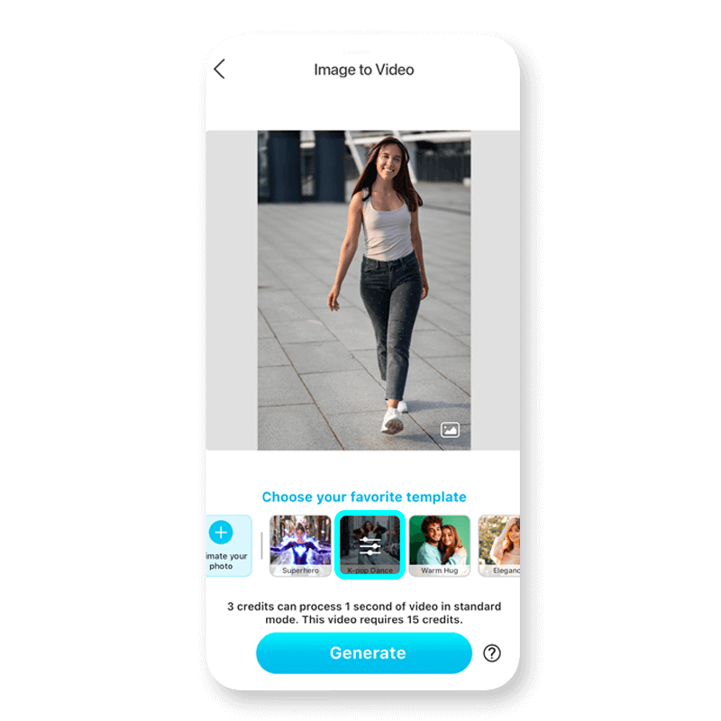 Escolhendo o filtro de dança IA no app YouCam Video para animar uma foto.