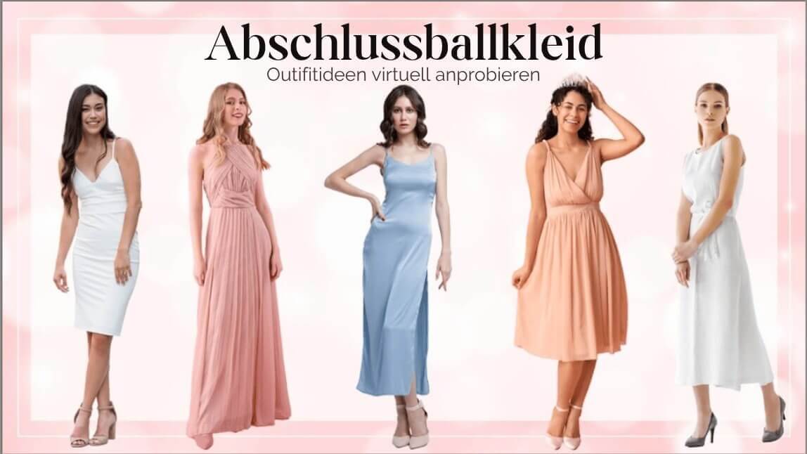 Fünf junge Frauen in eleganten Abschlussballkleidern in Pastellfarben – Outfitideen zur Abschlussfeier virtuell anprobieren mit YouCam Makeup