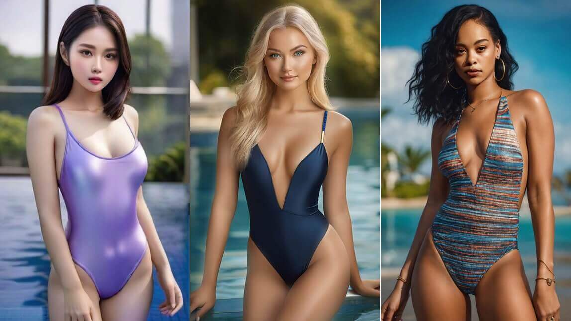Drei KI-generierte Bikini Girls in unterschiedlichen Badeanzügen