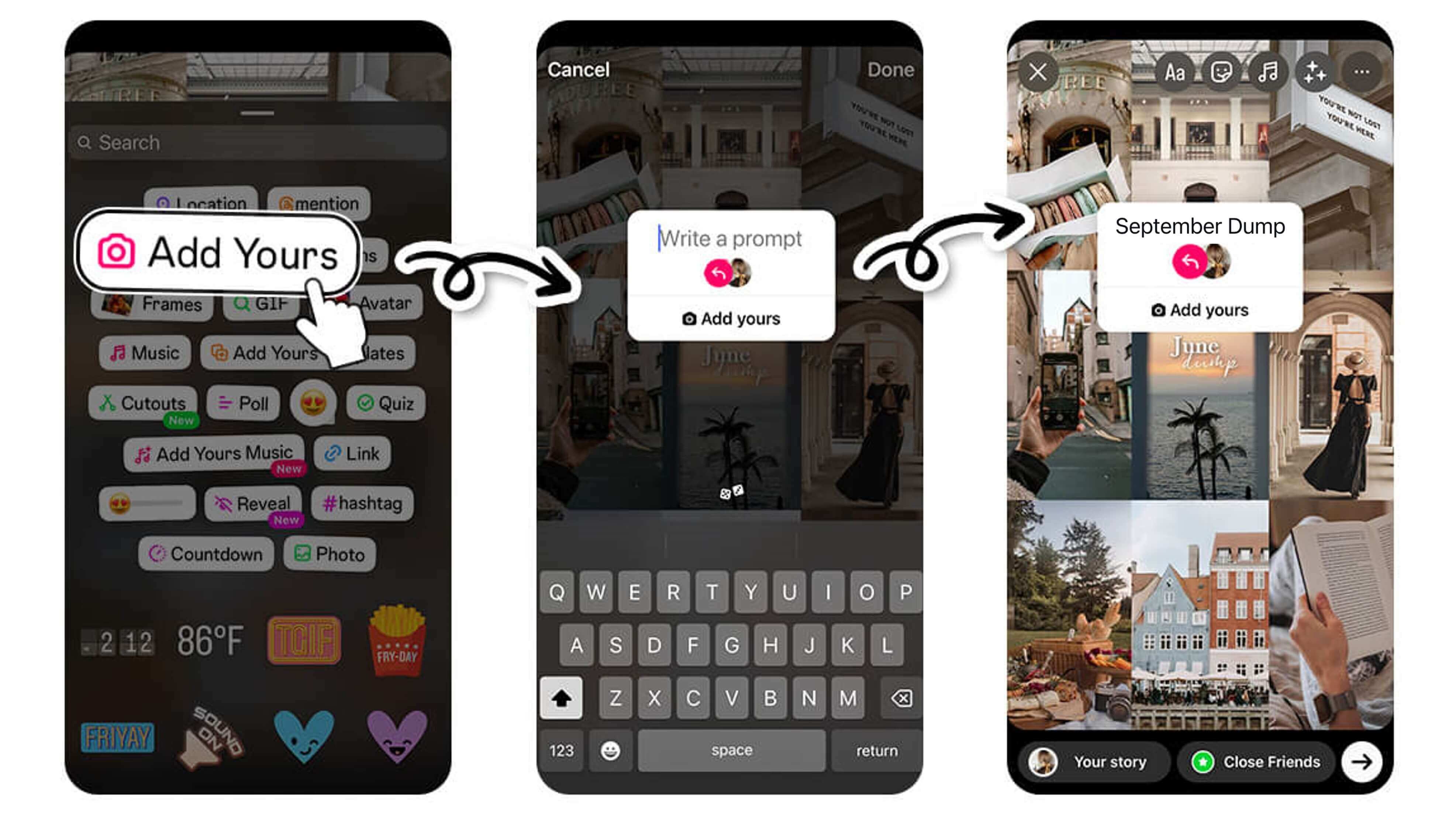 Du bist dran-Sticker in der Instagram-Story zum Photo Dump hinzufügen.