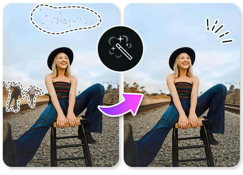 Exemplo de como remover pessoas de uma foto com o app YouCam Perfect
