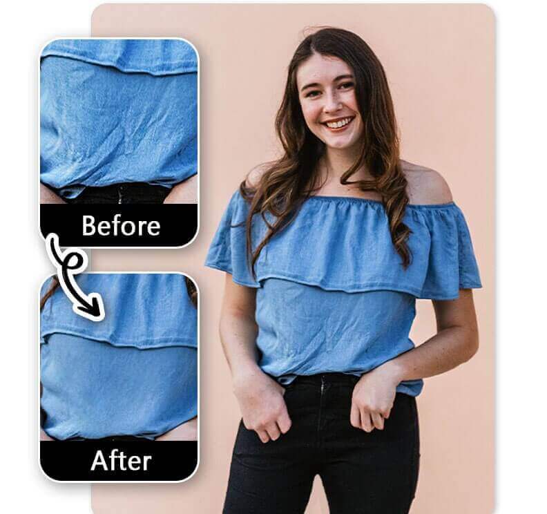 Foto comparativa de antes e depois mostrando como o app YouCam Perfect pode tirar amassado de roupa na foto.