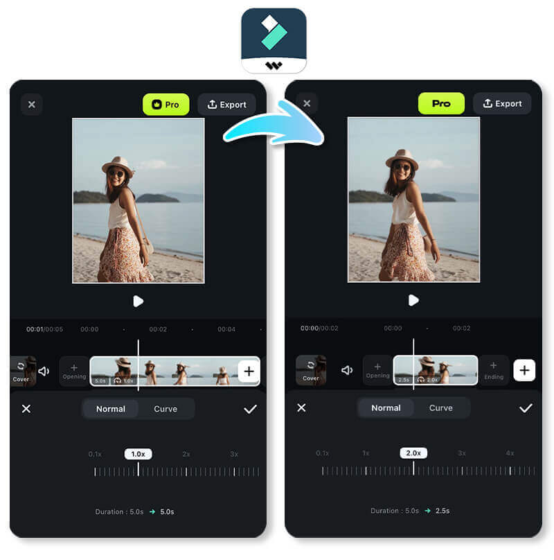 Filmora app interface - video editor with speed curves
