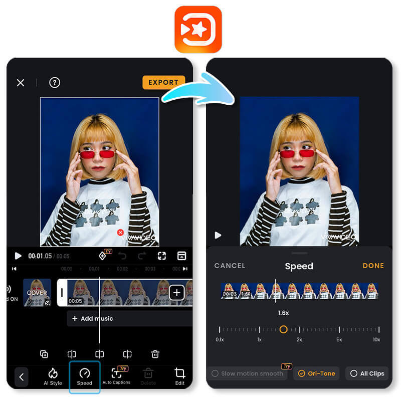 VivaVideo editor app - video speed adjustment and AI effects