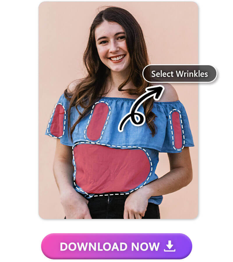 Tutorial visual de como usar a ferramenta do YouCam Perfect para remover um amassado de roupa na foto.