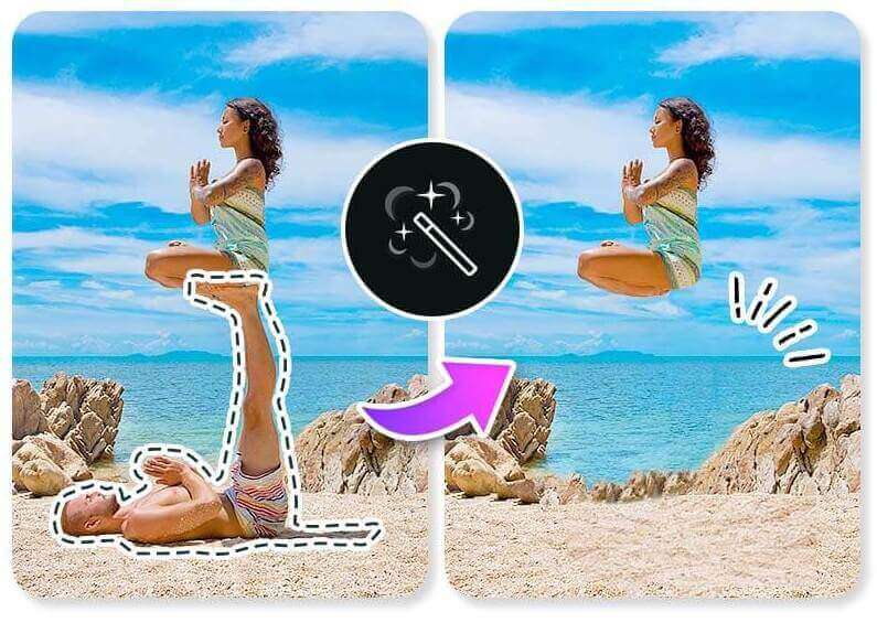 Exemplo de edição criativa removendo objetos para criar efeito de levitação com YouCam Perfect