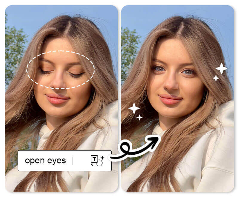 Antes e depois de abrir olhos fechados em foto com a IA do YouCam Perfect