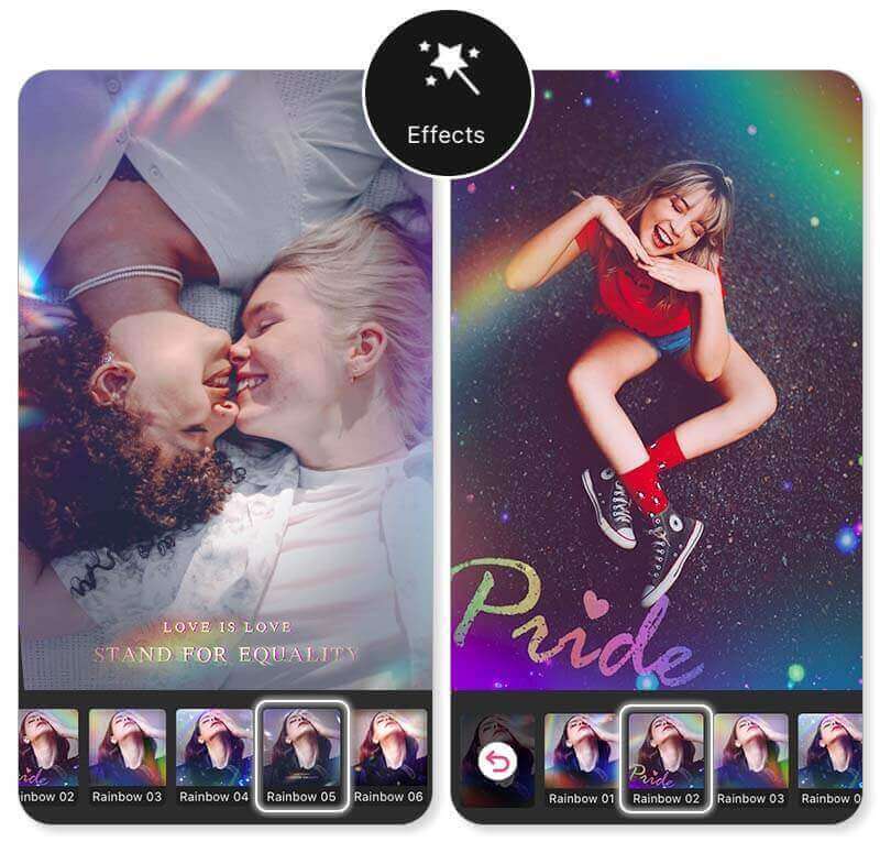 Montagem de fotos editadas com tema do Mês do Orgulho usando YouCam Perfect, incluindo bandeira LGBT.