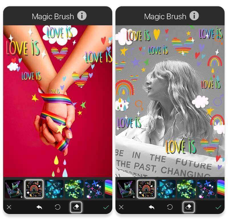 Demonstração do Pincel Mágico para desenhar arco-íris em fotos no YouCam Perfect.