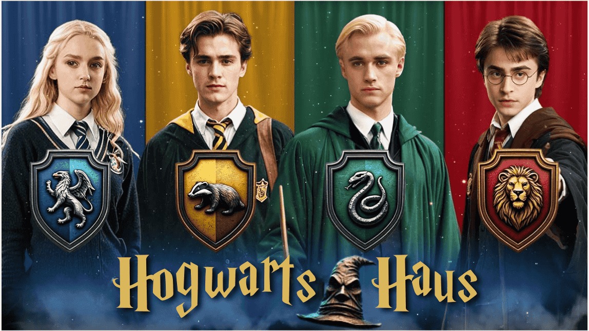 Vier Hogwarts-Schüler aus den Häusern Ravenclaw, Hufflepuff, Slytherin und Gryffindor stehen nebeneinander mit ihren jeweiligen Hauswappen