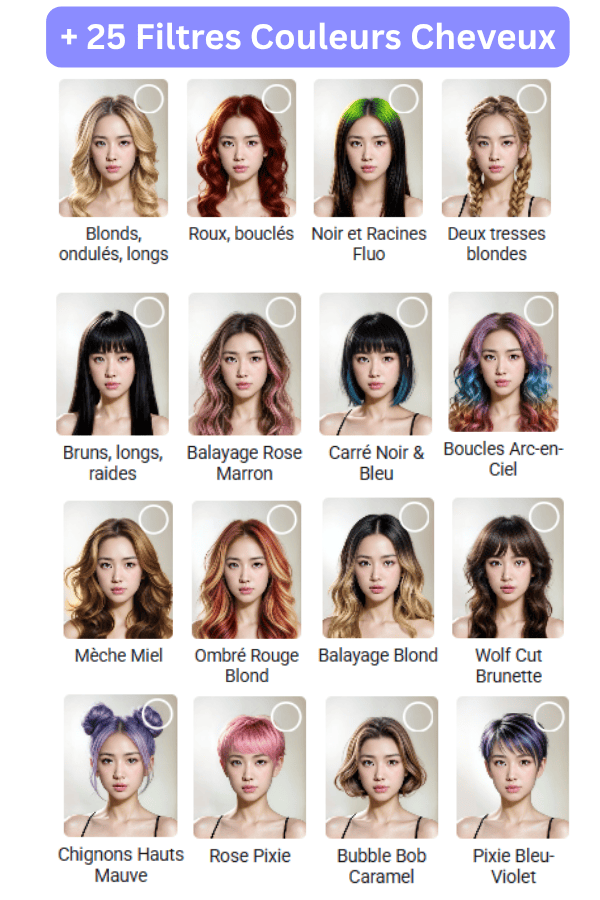 Simulateur couleurs de cheveux en ligne : 27 filtres couleurs cheveux