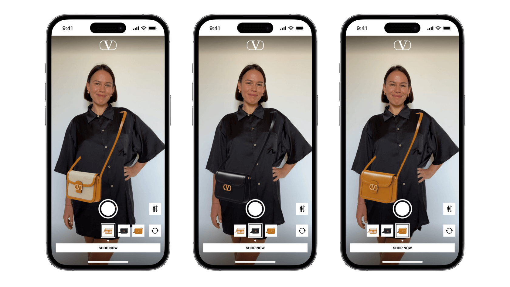 Three phones showing virtual try-on of crossbody bags in an AR shopping app.