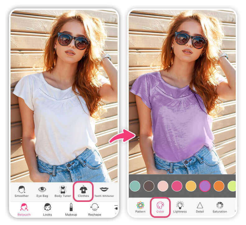 Captura de tela mostrando o ícone da ferramenta 'Roupas' no aplicativo YouCam Makeup para iniciar a edição