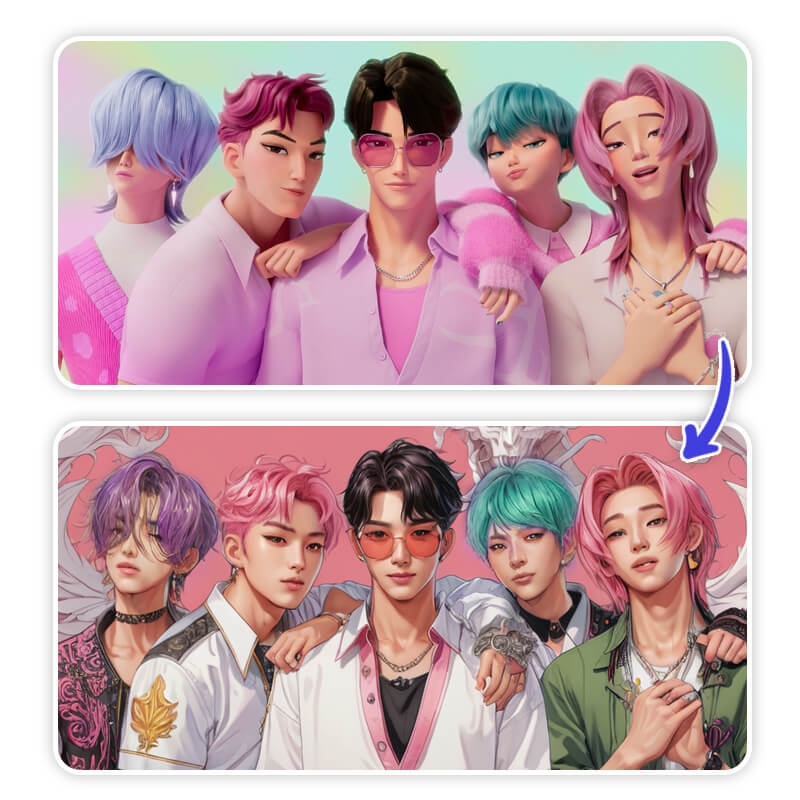Eine Collage von vier KI-generierten Bildern im Stil von KPop Demon Hunters.