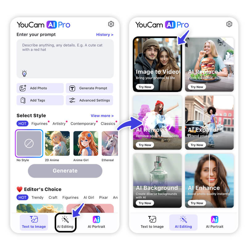 Screenshot der Bild-zu-Video-Funktion in der YouCam AI Pro App.
