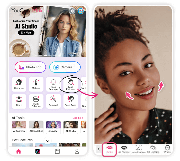 YouCam Makeup: best AI smile editor to add smile to photo for free