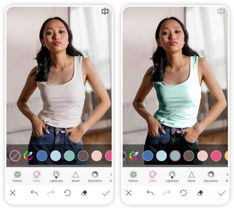 Mulher com blusa azul sendo editada para roxo para demonstrar como mudar cor da roupa na foto com o app YouCam Makeup