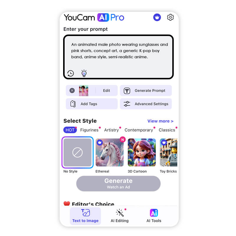 Screenshot, der das Eingabefeld für Text in der YouCam AI Pro App zeigt.