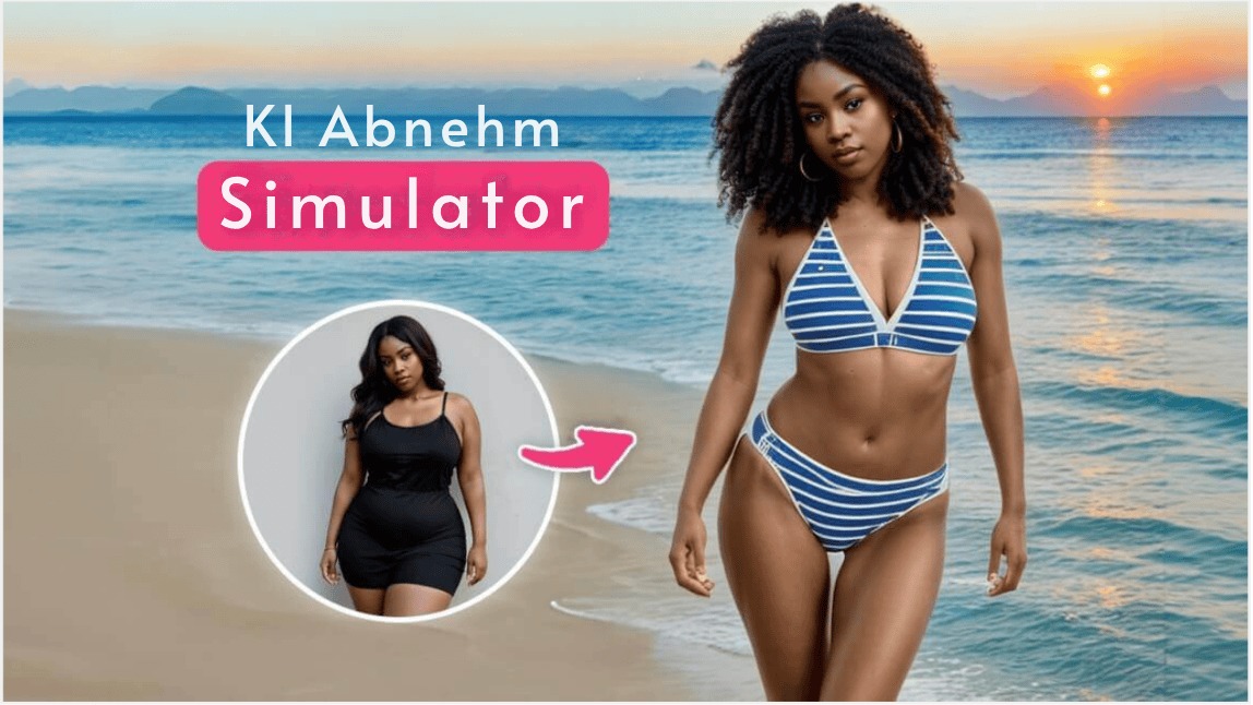 Eine Frau nutzt den KI-Abnehm-Simulator, um ihre Gewichtsabnahme zu visualisieren: Vorher-Bild und Nachher-Ergebnis im Bikini am Strand.