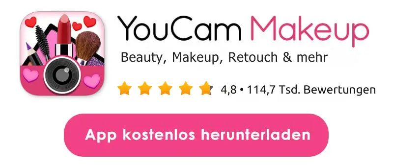 Banner der virtuellen Make-up-App YouCam Makeup mit Funktionen für Frisuren-Bearbeitung und Retusche. Zu sehen sind Logo, Nutzerbewertung und ein Button zum "Kostenlos herunterladen".