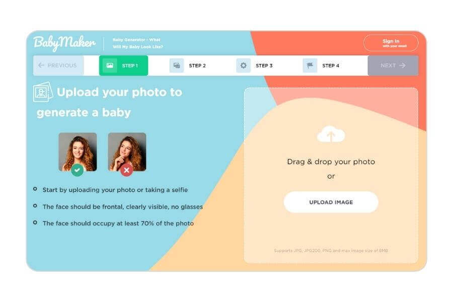 Interface do site MakeMeBabies, que permite juntar fotos para ver como será o filho.