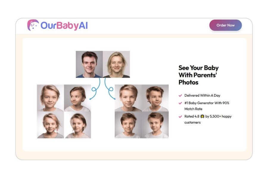 Interface do site OurBabyAI, um simulador de como vai ser meu filho online grátis.