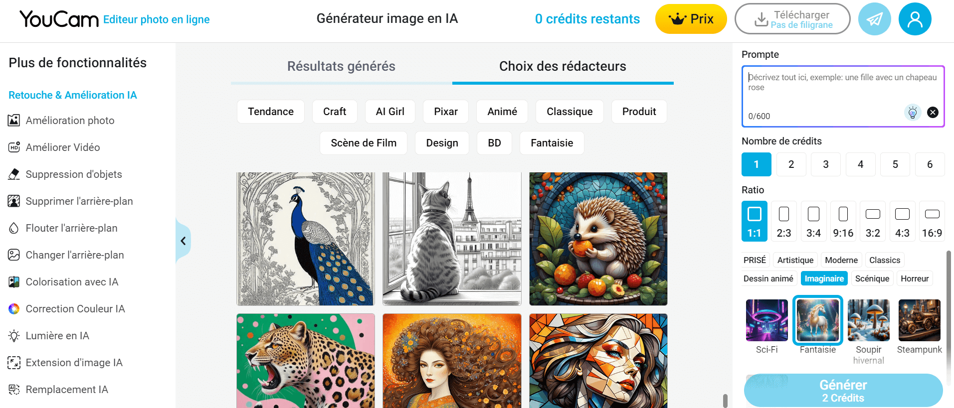 Ecrire un prompt, selectionner ratio et style