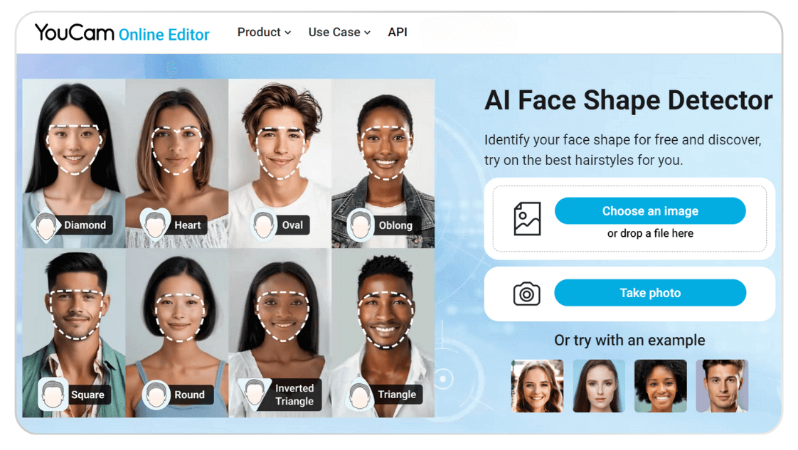 Teste para descobrir formato do rosto com o detector IA do YouCam Online Editor