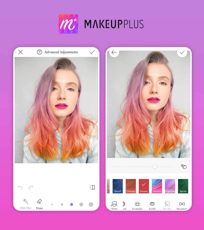 Mulher testando uma cor de cabelo rosa no aplicativo MakeupPlus.