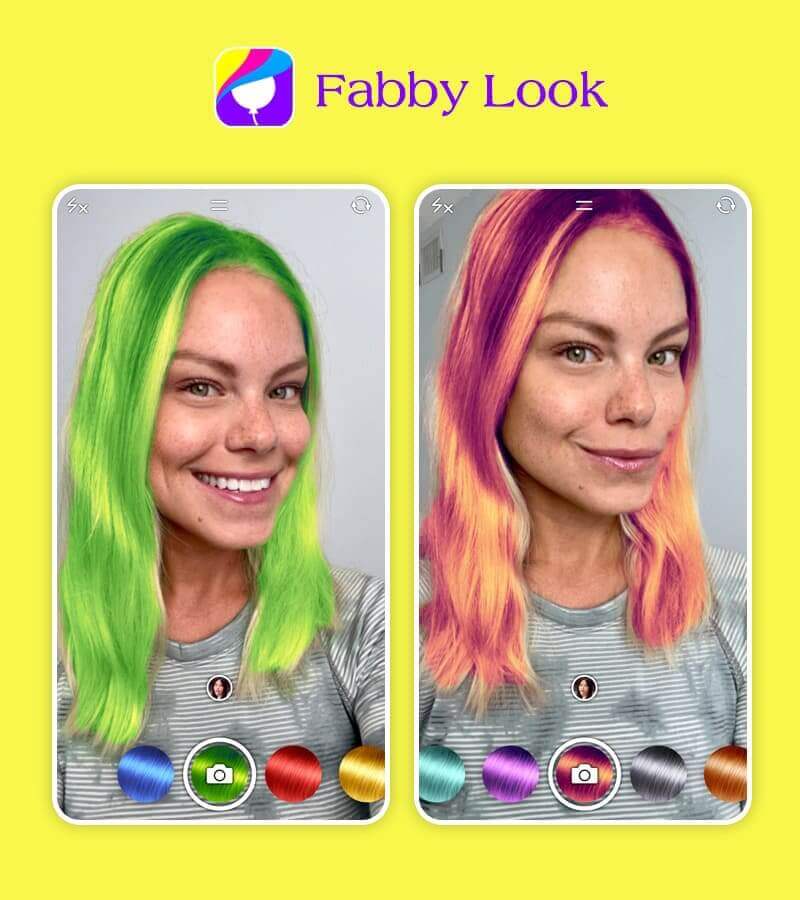 Mulher testando uma cor de cabelo azul vibrante no aplicativo Fabby Look.
