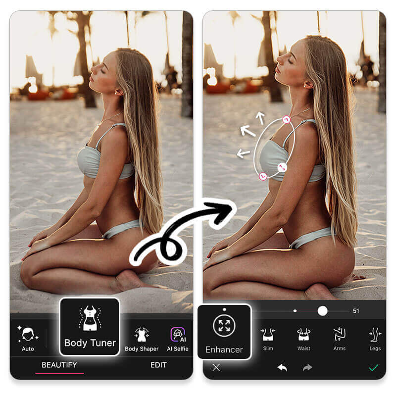 Ajustando o tamanho dos seios na foto com a barra de controle da função Melhoramento do YouCam Perfect.