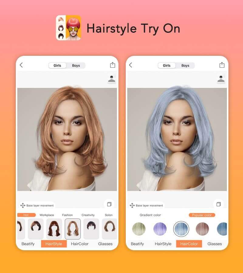 Interface do aplicativo Hairstyle Try-On mostrando opções de cores e penteados.