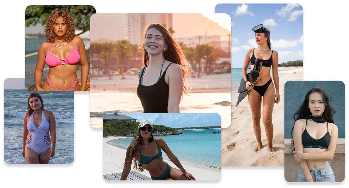 Comparativo de antes e depois de uma foto editada com o app para aumentar seios YouCam Perfect.