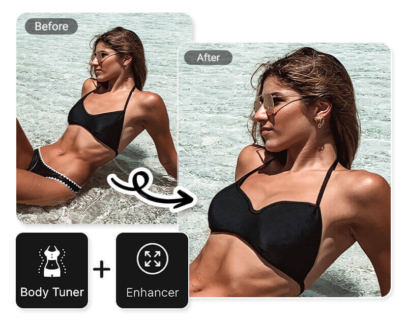 Mulher usando o app YouCam Perfect para simular aumento de seios em uma foto antes e depois da edição.
